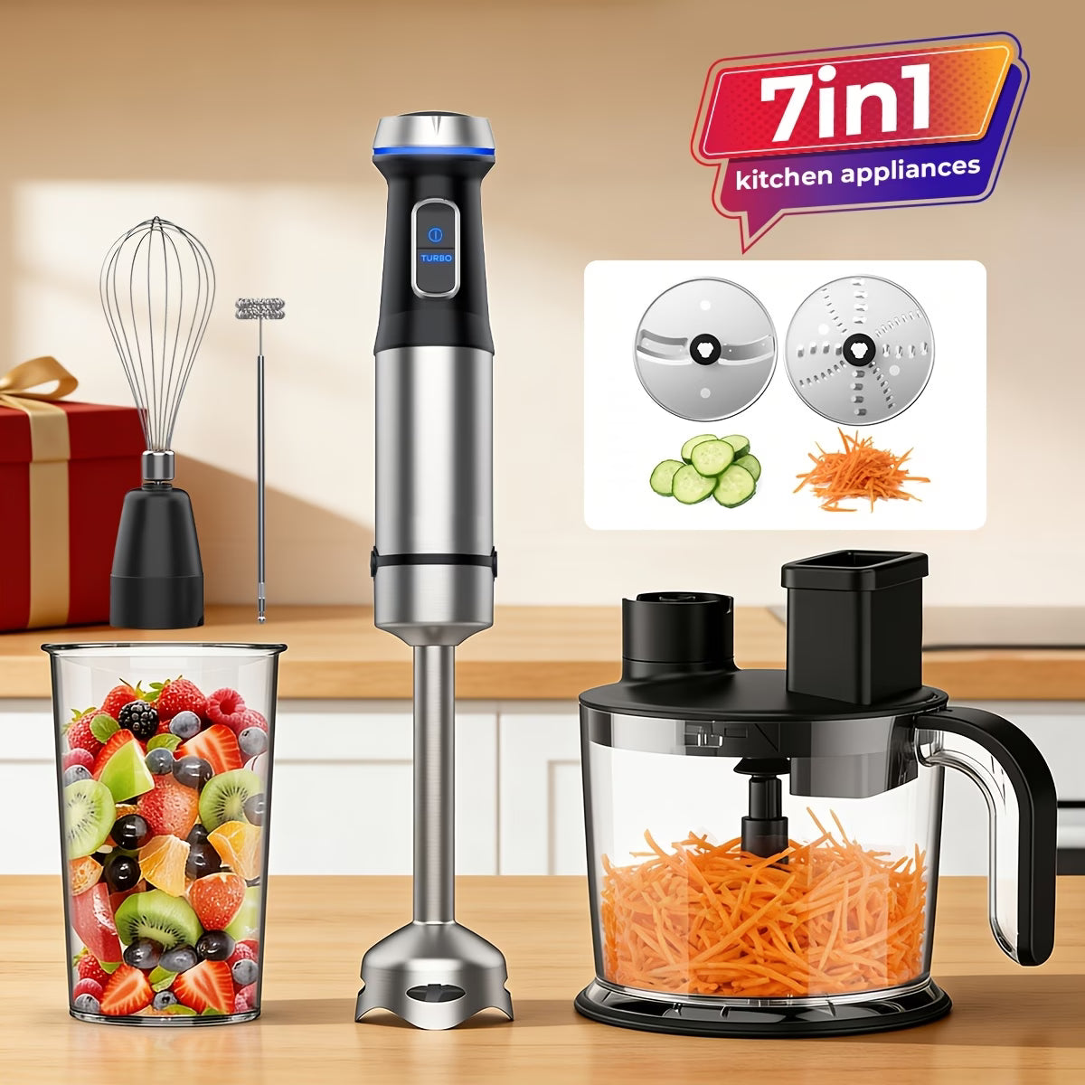7-in-1 Handheld Immersion Blender — 1000W Heavy Duty Motor, 15 Variable Speeds & Turbo Mode, Stainless Steel Stick Blender with 1500ml Food Processor