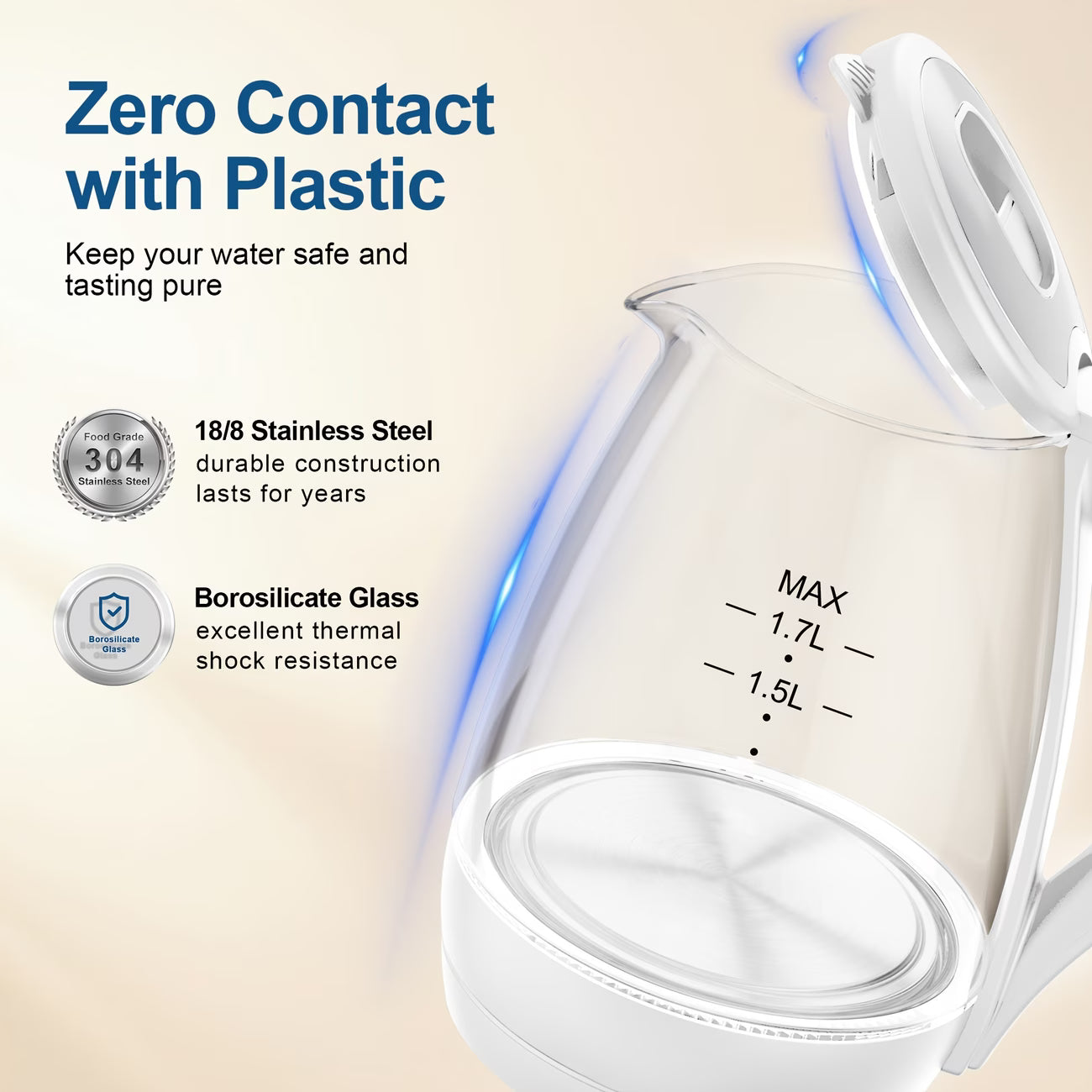 1.7L Borosilicate Glass Electric Kettle — 1200W Fast Boil Hot Water Boiler with Auto Shut-Off, Boil-Dry Protection & BPA-Free Design, for Coffee & Tea