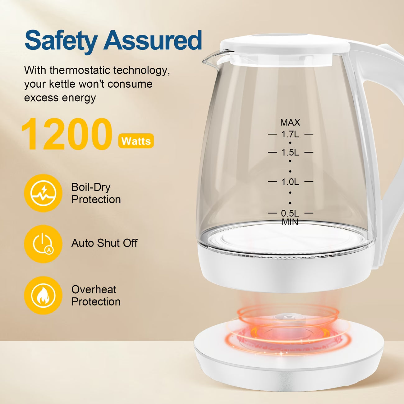 1.7L Borosilicate Glass Electric Kettle — 1200W Fast Boil Hot Water Boiler with Auto Shut-Off, Boil-Dry Protection & BPA-Free Design, for Coffee & Tea