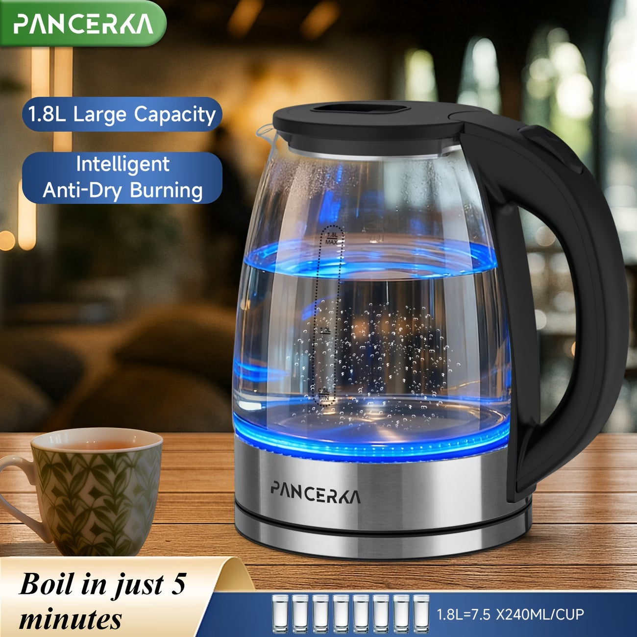 1000W Electric Kettle — Fast Boil Stainless Steel Hot Water Boiler with Stainless Steel Filter, Auto Shut-Off & Boil-Dry Protection, BPA-Free, for Coffee & Tea — Black