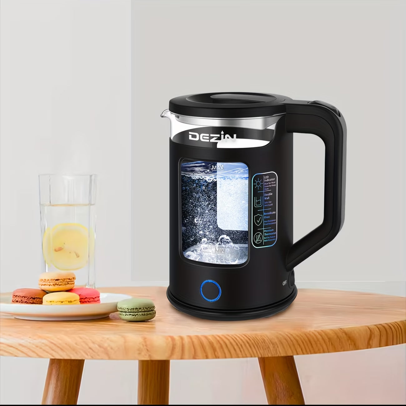 1.5L Borosilicate Glass Electric Kettle with Blue LED Light — Fast Boil Hot Water Boiler with Auto Shut-Off, Boil-Dry Protection & 360° Cordless Swivel Base