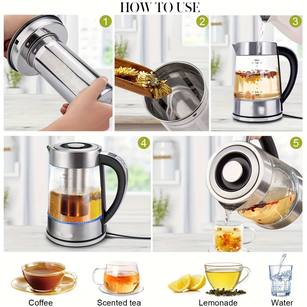 1.8L Electric Glass Kettle — 12 Precise Temperature Controls, 24-Hour Keep Warm, Stainless Steel Filter & Inner Lid, Hot Water Boiler for Coffee, Tea & Milk Powder