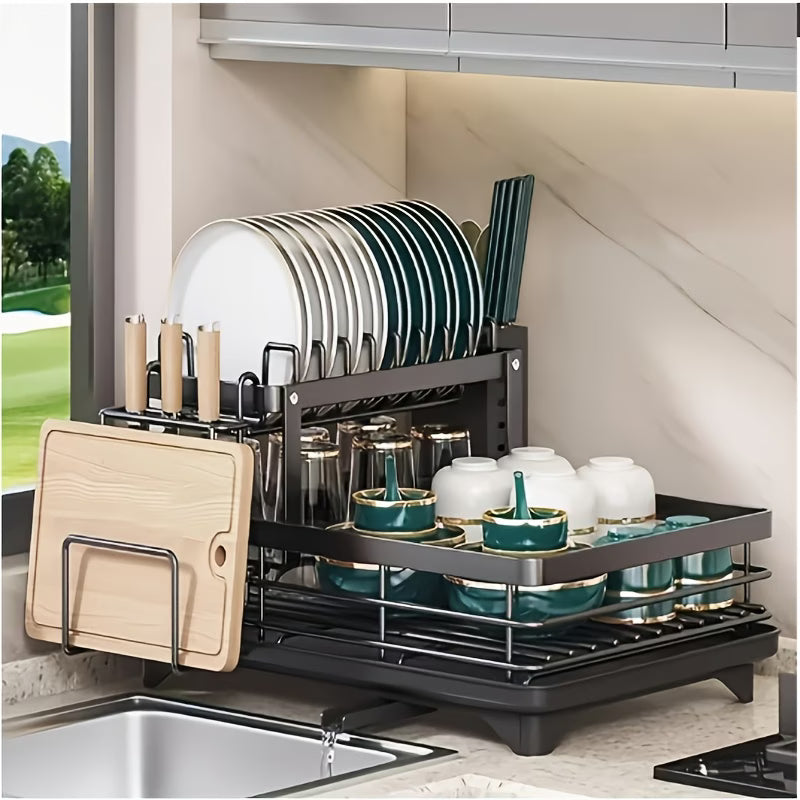 Double Tier Large Metal Cutlery Rack & Kitchen Organiser — Carbon Steel 2-Tier Countertop Storage with Knife, Fork & Cup Holders, Draining Board