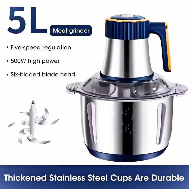 5L Large Capacity Electric Food Chopper & Processor — 40,000 RPM Motor, Bi-Level Stainless Steel Blades