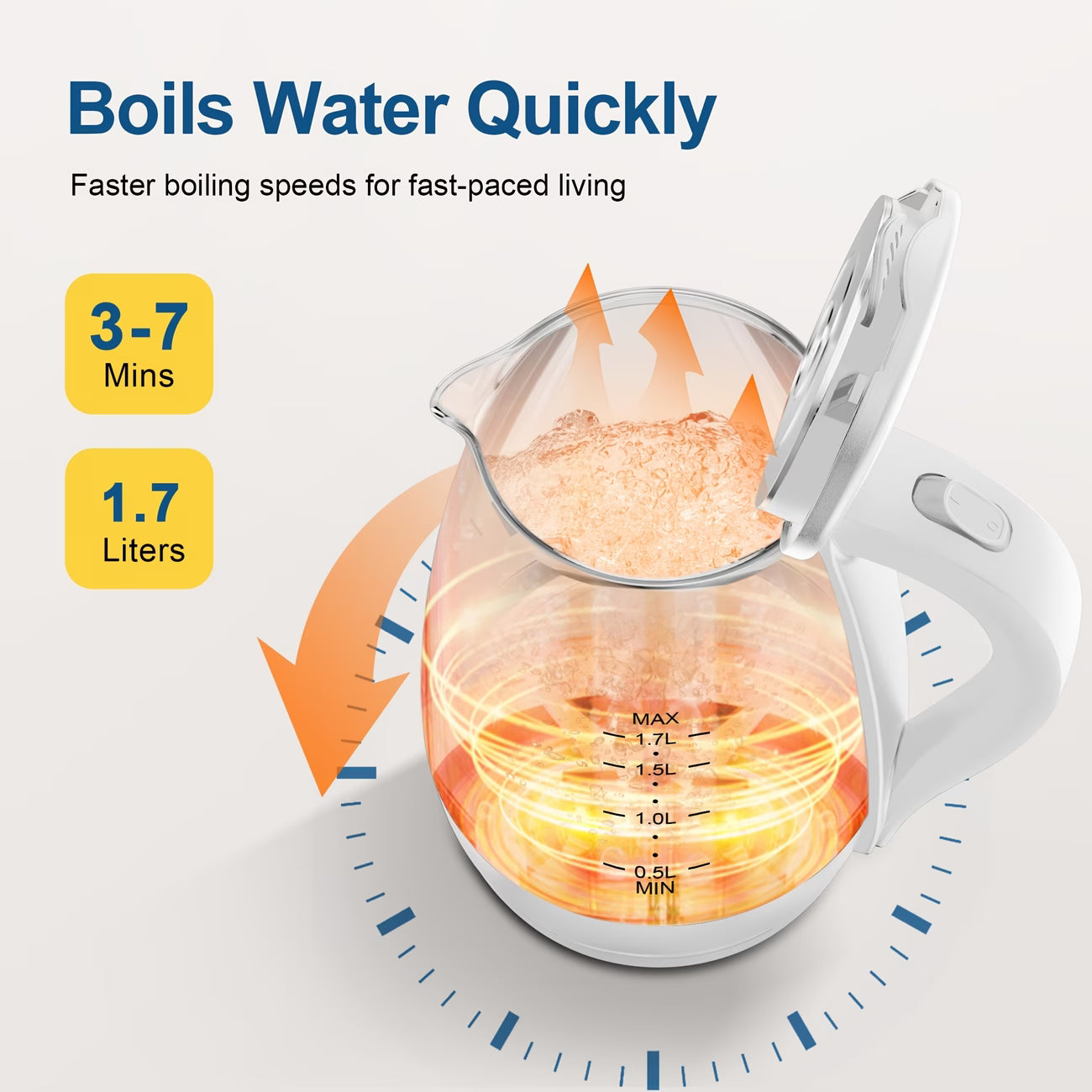 1.7L Borosilicate Glass Electric Kettle — 1200W Fast Boil Hot Water Boiler with Auto Shut-Off, Boil-Dry Protection & BPA-Free Design, for Coffee & Tea