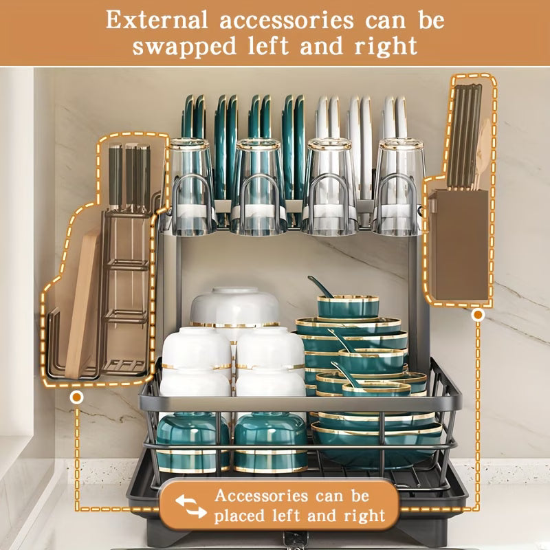 Double Tier Large Metal Cutlery Rack & Kitchen Organiser — Carbon Steel 2-Tier Countertop Storage with Knife, Fork & Cup Holders, Draining Board