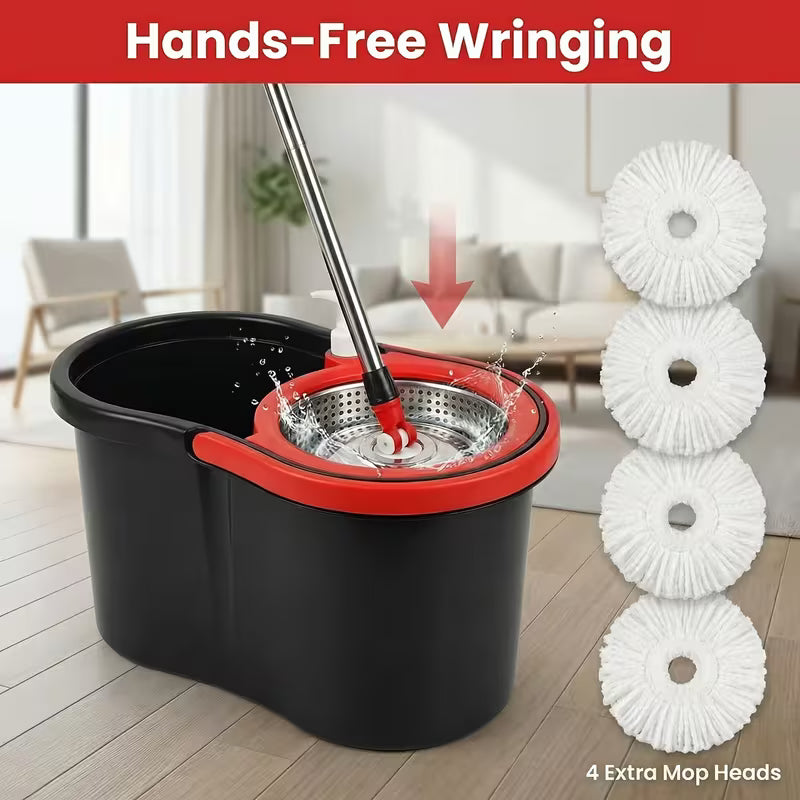 360° Spin Mop & Bucket Set with Wringer – Self-Wringing Floor Cleaning System with 4 Microfiber Mop Heads, Soap Dispenser & Extended Stainless Steel Handle