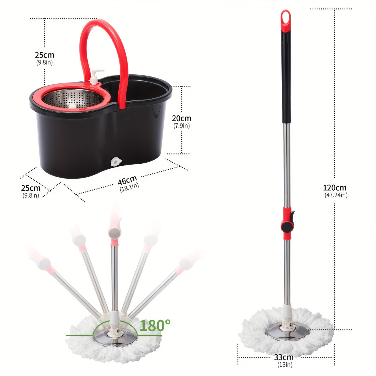 Spin Mop & Bucket with Wringer Set — 360° Spinning Mop System with 3 Microfiber Replacement Heads, 61