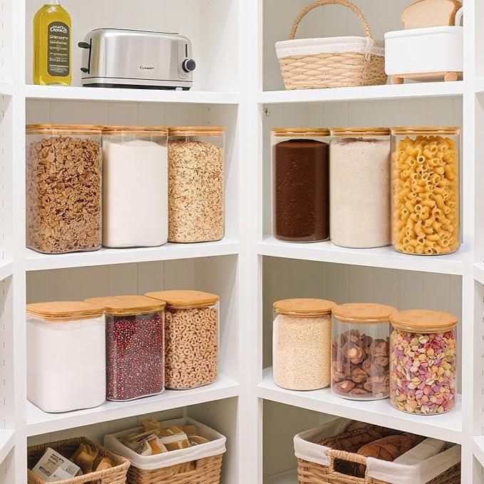 ComSaf Large Glass Food Storage Containers — Set of 2 | 3.6 Qt Square Airtight Jars with Bamboo Lids