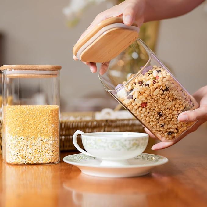Glass Food Storage Jars — Set of 6 | 37oz Square Airtight Canisters with Bamboo Lids