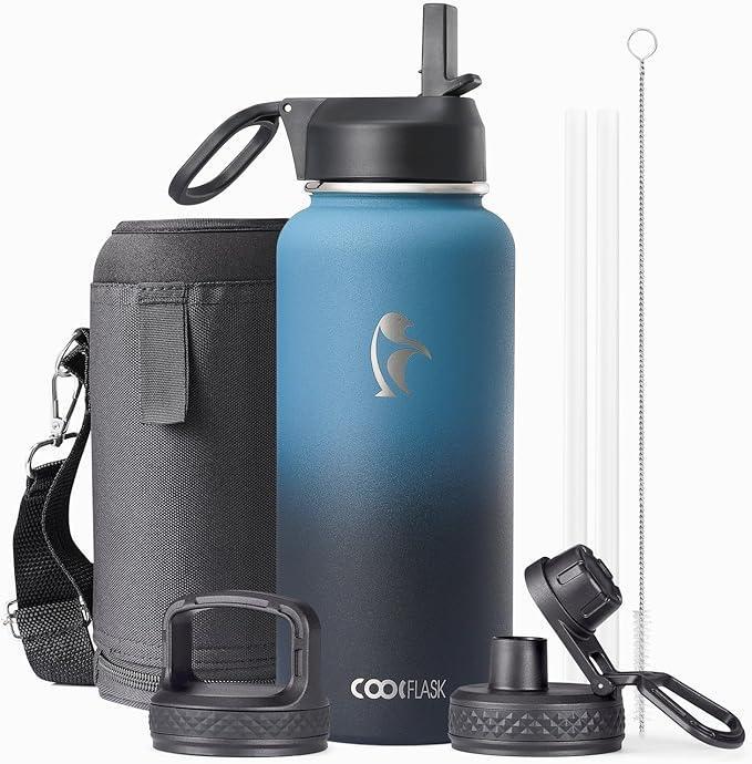 Coolflask 32 oz Insulated Water Bottle — Stainless Steel Wide Mouth Flask with 3 Lids & Straw