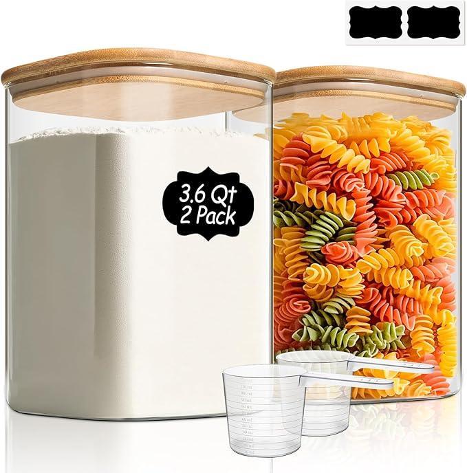 ComSaf Large Glass Food Storage Containers — Set of 2 | 3.6 Qt Square Airtight Jars with Bamboo Lids