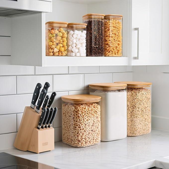 ComSaf Large Glass Food Storage Containers — Set of 2 | 3.6 Qt Square Airtight Jars with Bamboo Lids