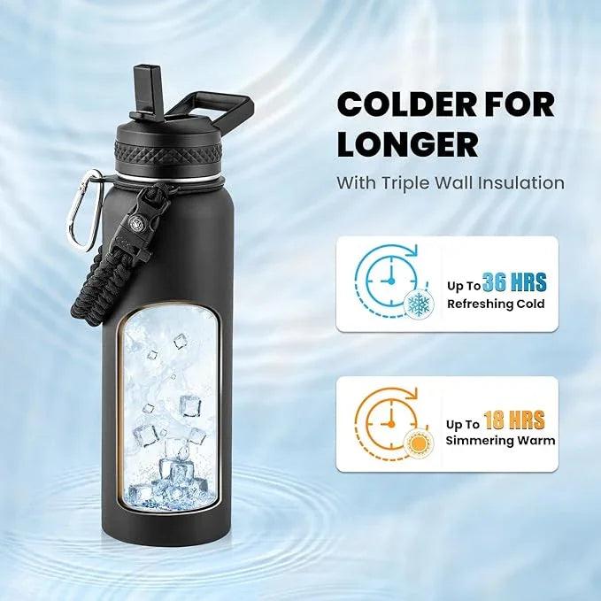 RAYMYLO 40 oz Insulated Water Bottle — Triple Wall Vacuum Stainless Steel Flask with Paracord Handle