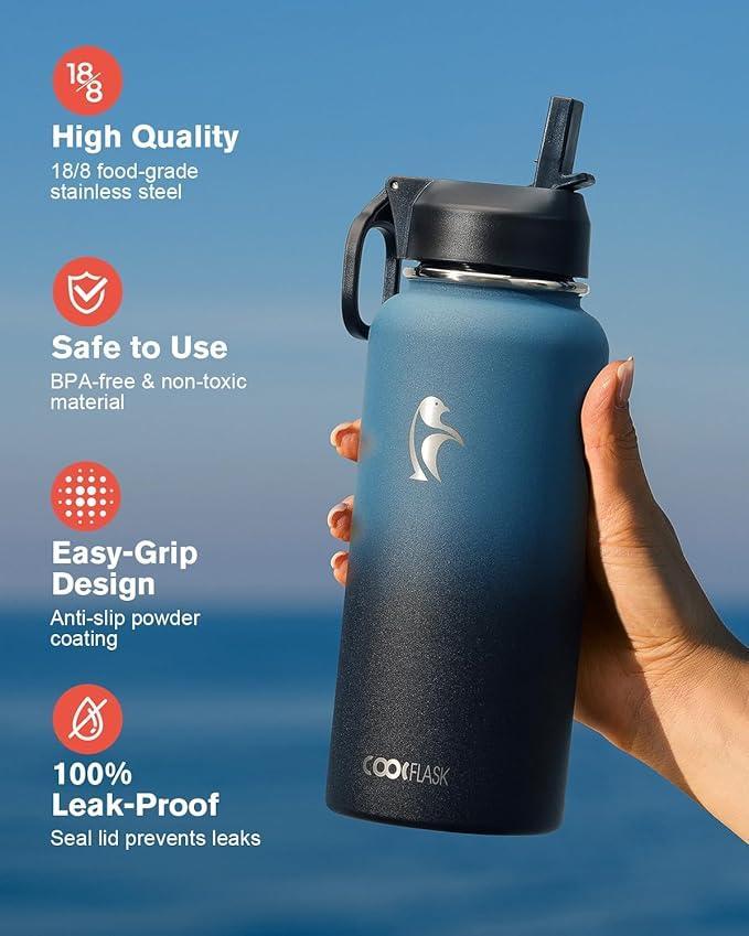 Coolflask 32 oz Insulated Water Bottle — Stainless Steel Wide Mouth Flask with 3 Lids & Straw
