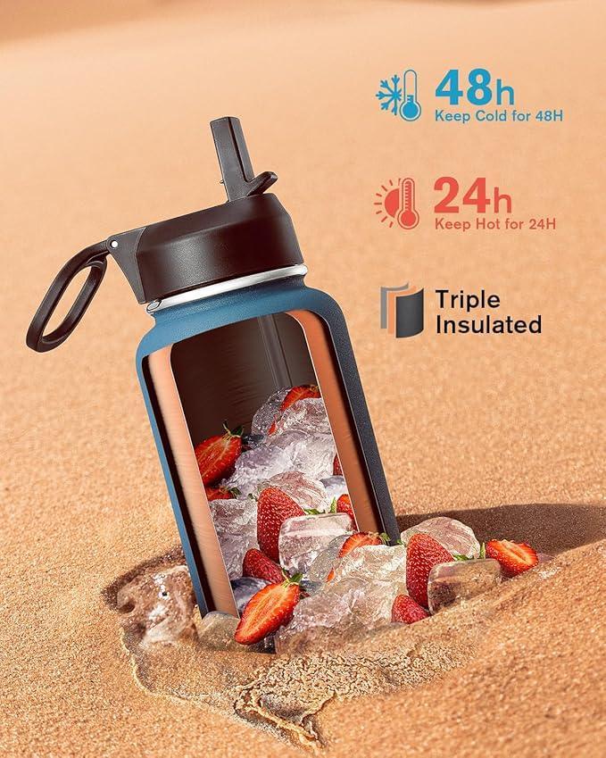 Coolflask 32 oz Insulated Water Bottle — Stainless Steel Wide Mouth Flask with 3 Lids & Straw