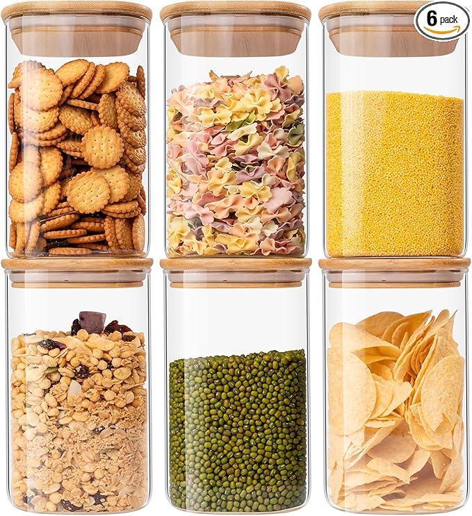 Glass Food Storage Jars — Set of 6 | 37oz Square Airtight Canisters with Bamboo Lids