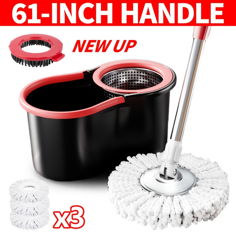 360° Spin Mop & Bucket Set with Wringer — 3 Microfiber Refill Heads, 61-Inch Adjustable Stainless Steel Handle