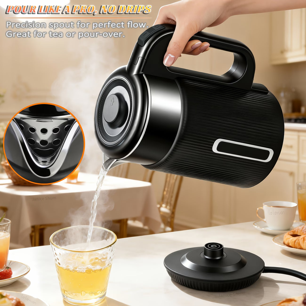 1000W Stainless Steel Electric Kettle — 57.48oz/1.7L Double Wall | Auto Shut-Off, Boil-Dry Protection, LED Indicator & 360° Rotary Base | For Coffee, Tea & Daily Drinks