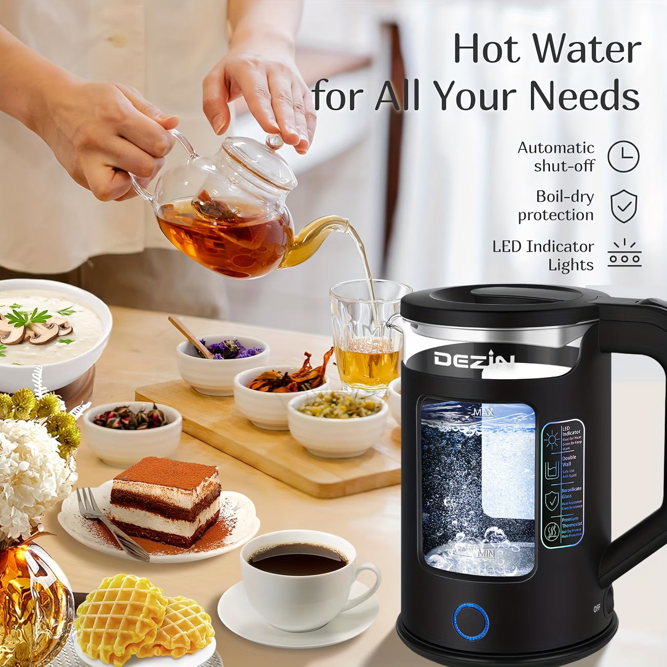 1.5L Borosilicate Glass Electric Kettle with Blue LED Light — Fast Boil Hot Water Boiler with Auto Shut-Off, Boil-Dry Protection & 360° Cordless Swivel Base