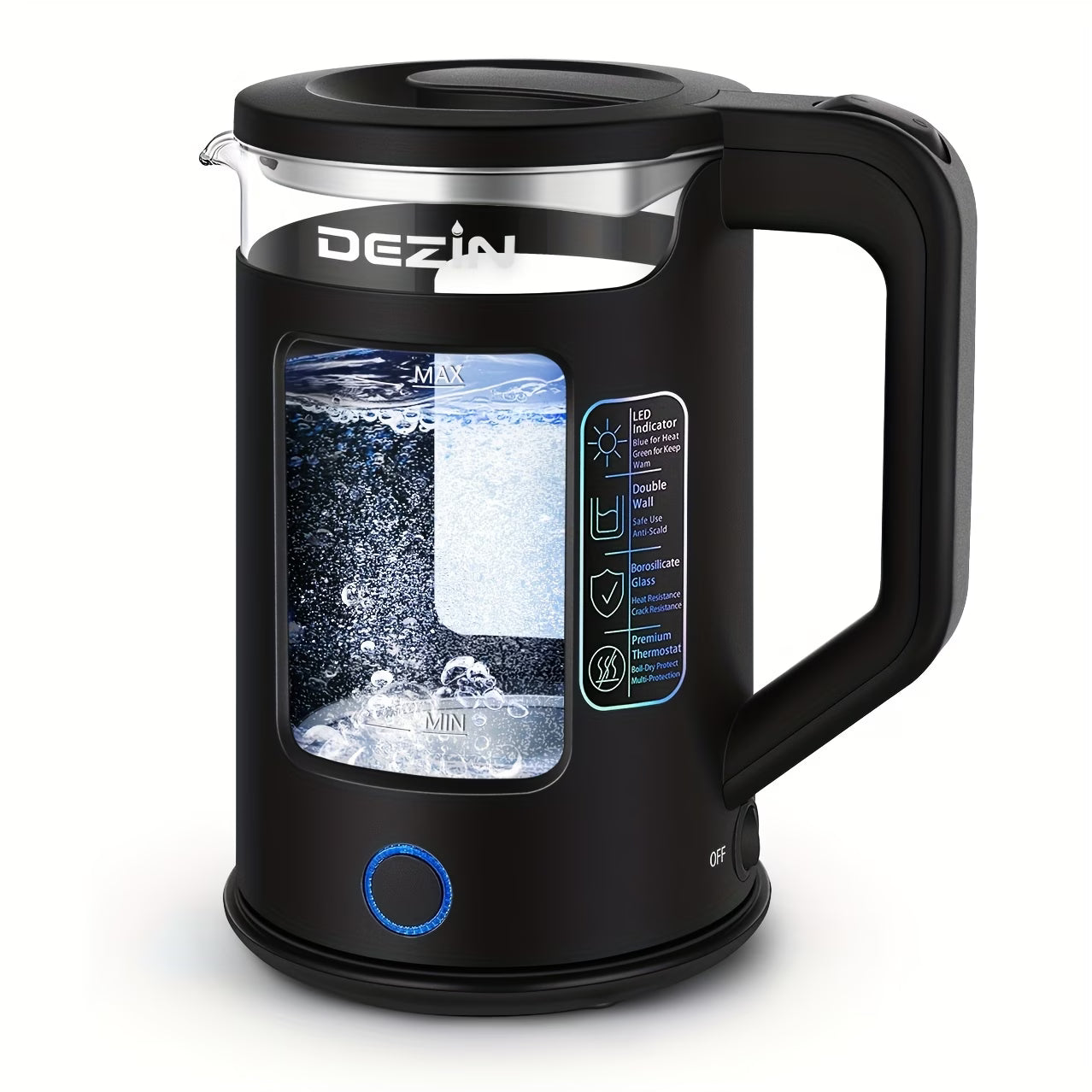 1.5L Borosilicate Glass Electric Kettle with Blue LED Light — Fast Boil Hot Water Boiler with Auto Shut-Off, Boil-Dry Protection & 360° Cordless Swivel Base