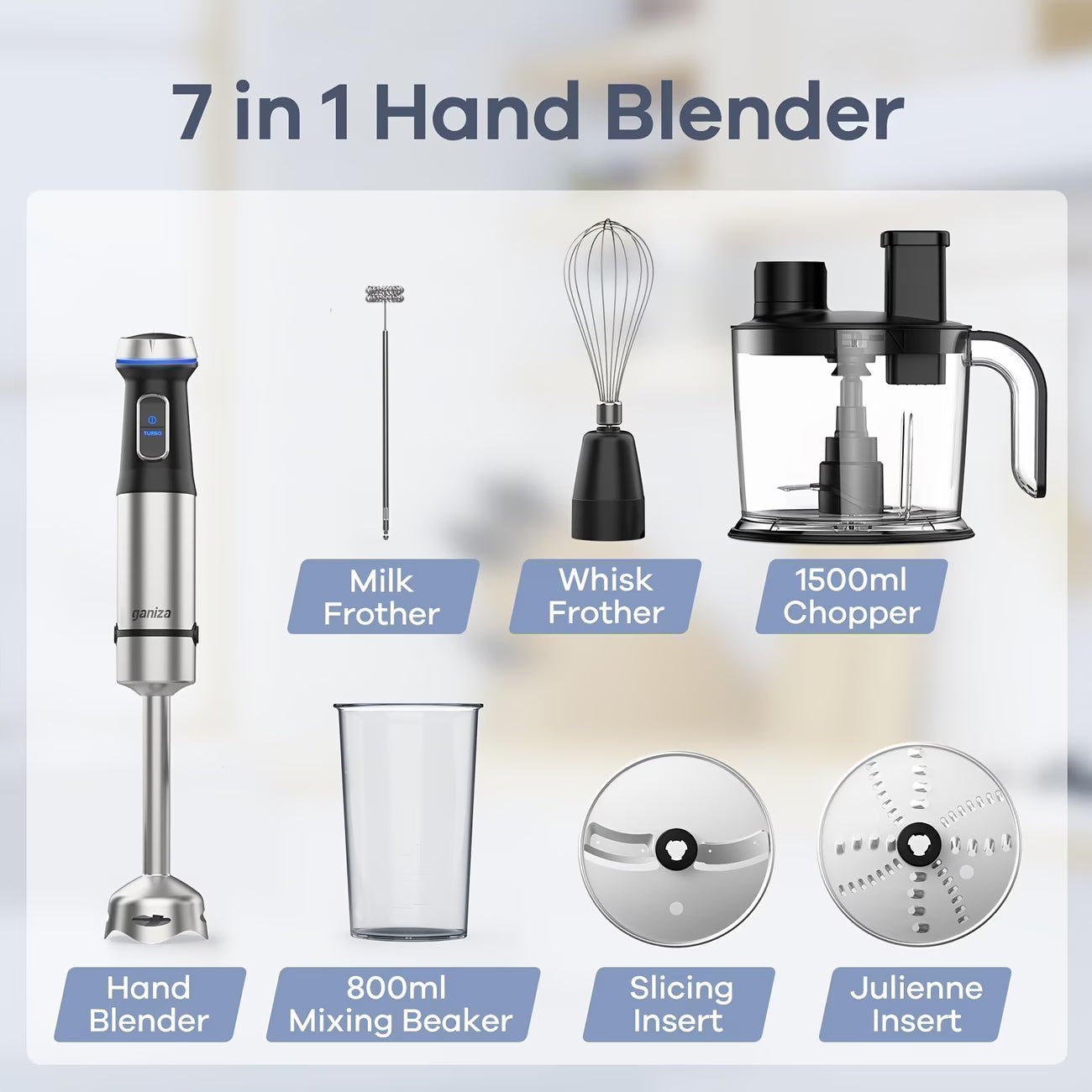 7-in-1 Handheld Immersion Blender — 1000W Heavy Duty Motor, 15 Variable Speeds & Turbo Mode, Stainless Steel Stick Blender with 1500ml Food Processor