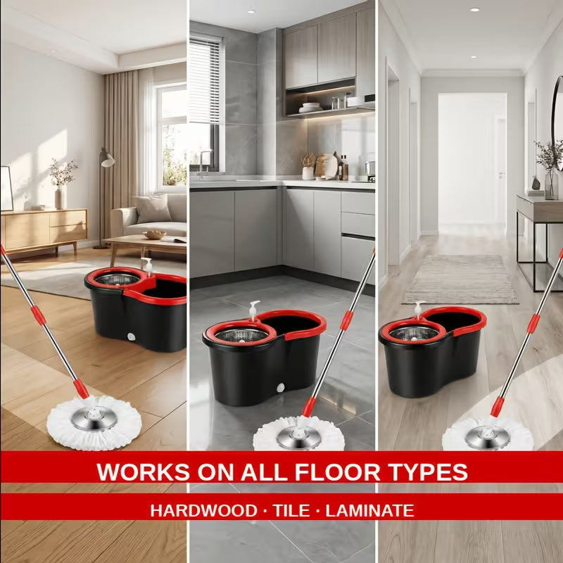 360° Spin Mop & Bucket Set with Wringer – Self-Wringing Floor Cleaning System with 4 Microfiber Mop Heads, Soap Dispenser & Extended Stainless Steel Handle