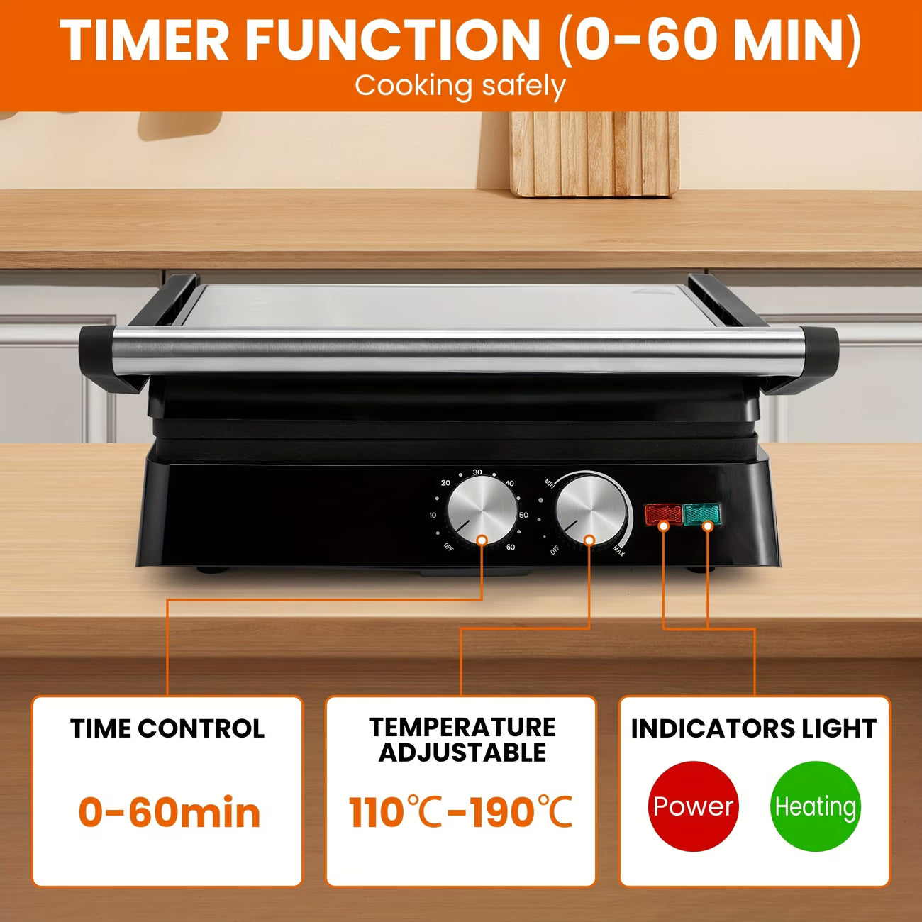 3-in-1 Electric Indoor Grill & Panini Press — 1500W Non-Stick Cooking Plates, 180° Opening, Floating Hinge Fits All Foods