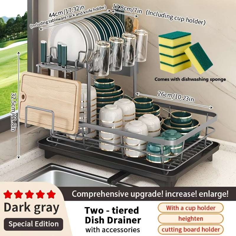 Double Tier Large Metal Cutlery Rack & Kitchen Organiser — Carbon Steel 2-Tier Countertop Storage with Knife, Fork & Cup Holders, Draining Board