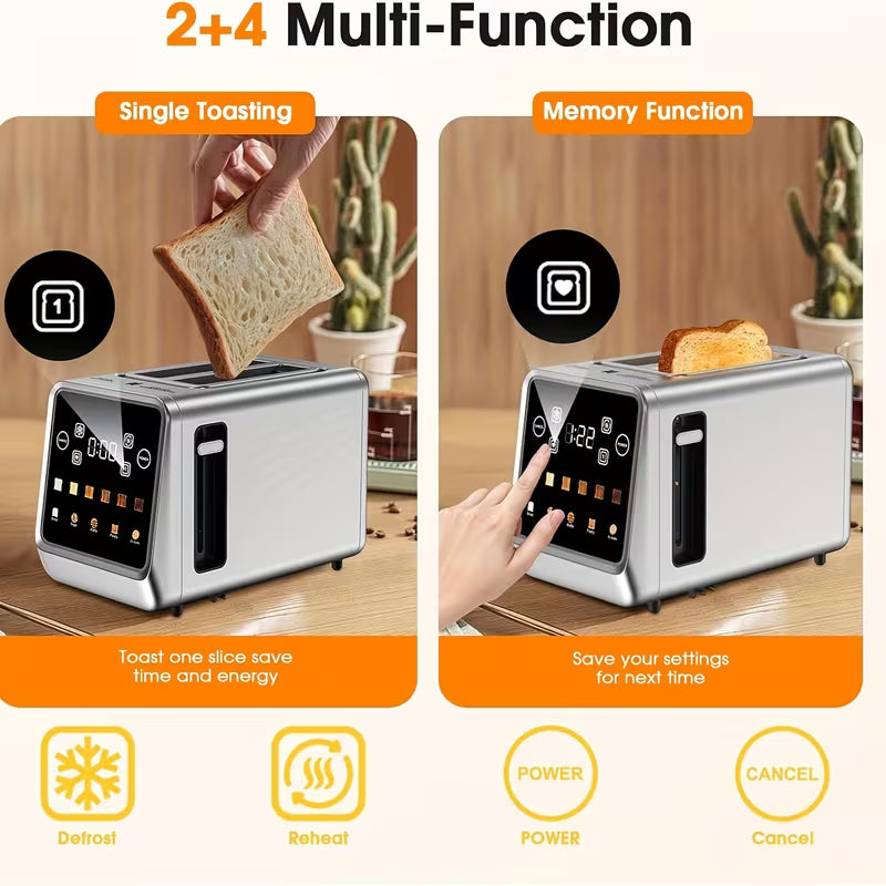2-Slice Stainless Steel Smart Toaster – Wide Slot Bread Toaster with 6 Shade Settings & Memory Function