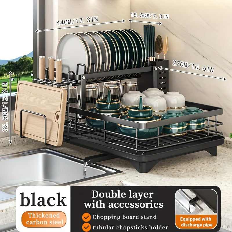 Double Tier Large Metal Cutlery Rack & Kitchen Organiser — Carbon Steel 2-Tier Countertop Storage with Knife, Fork & Cup Holders, Draining Board