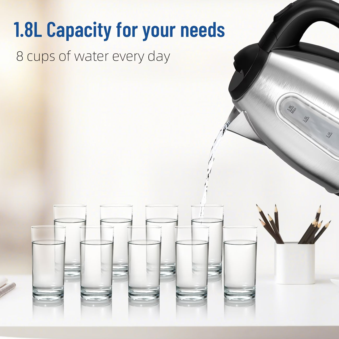 1.8L Stainless Steel Electric Kettle — 1200W Fast Boiling Tea Kettle with Water Scale, Auto Shut-Off, BPA-Free, Ideal for Coffee, Tea & Camping