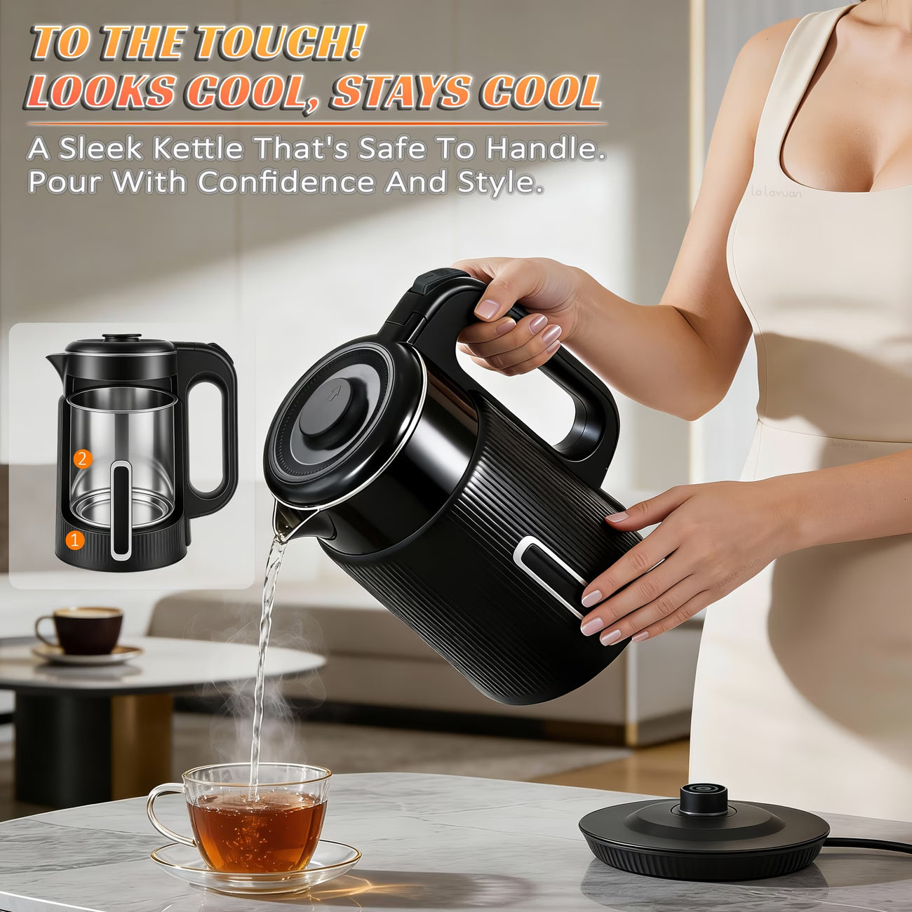 1000W Stainless Steel Electric Kettle — 57.48oz/1.7L Double Wall | Auto Shut-Off, Boil-Dry Protection, LED Indicator & 360° Rotary Base | For Coffee, Tea & Daily Drinks