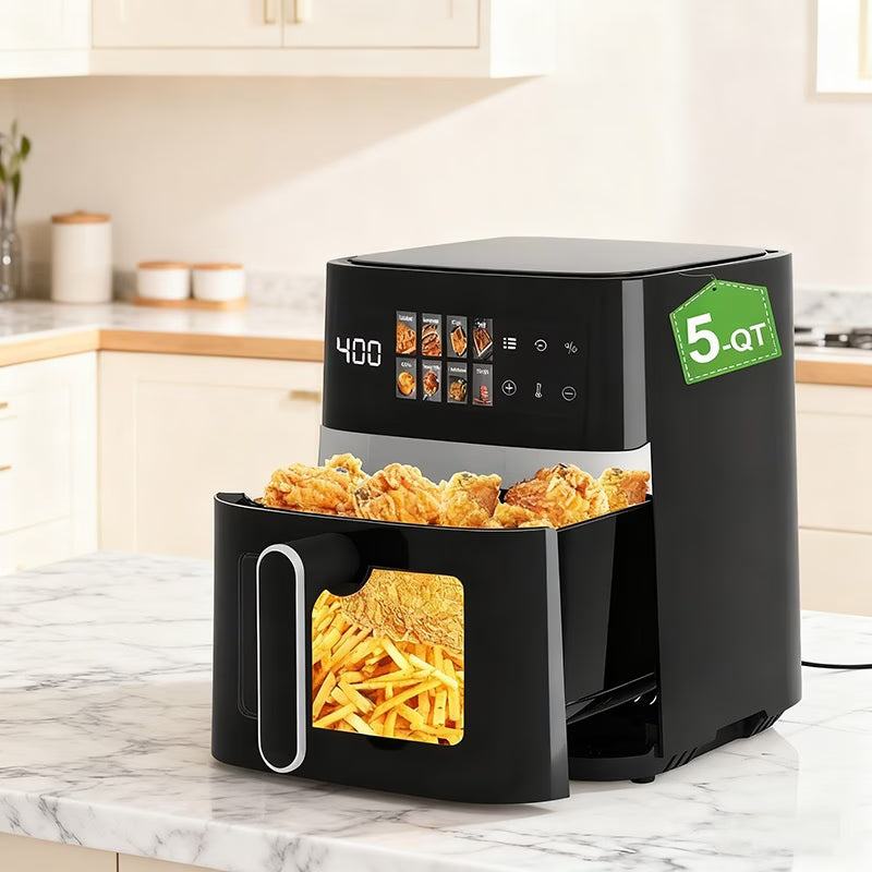 5 Qt 8-in-1 Electric Air Fryer Oven — 1350W Fast Preheat, LED Touchscreen, 360° Hot Air Circulation, Large Capacity with Timer & Safety Lock